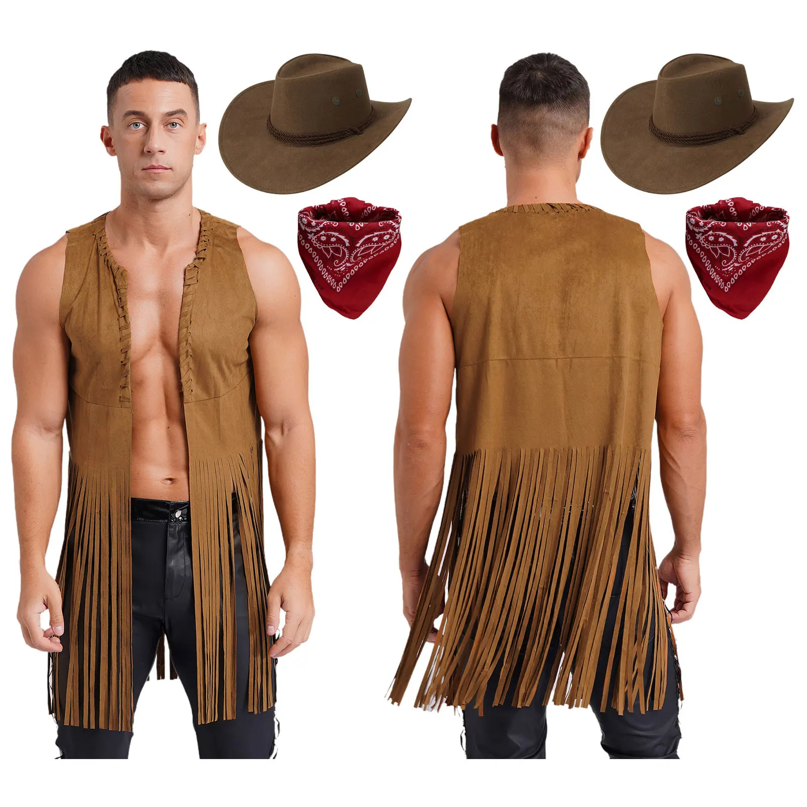 

Mens Cowboy Costume Halloween Party Long Tassels 70s Hippie Cardigan Sleeveless Fringe Suede Jacket Waistcoat Vintage Vest Tops