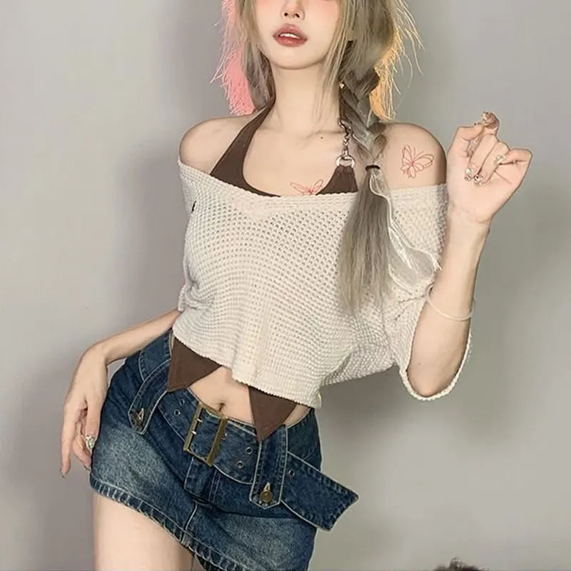 Hotsweet Halter V-Neck Pullovers Summer Slim Stylish Hollow Out Basic Female Clothing Vintage Short Sleeve T-shirt Two Piece Set