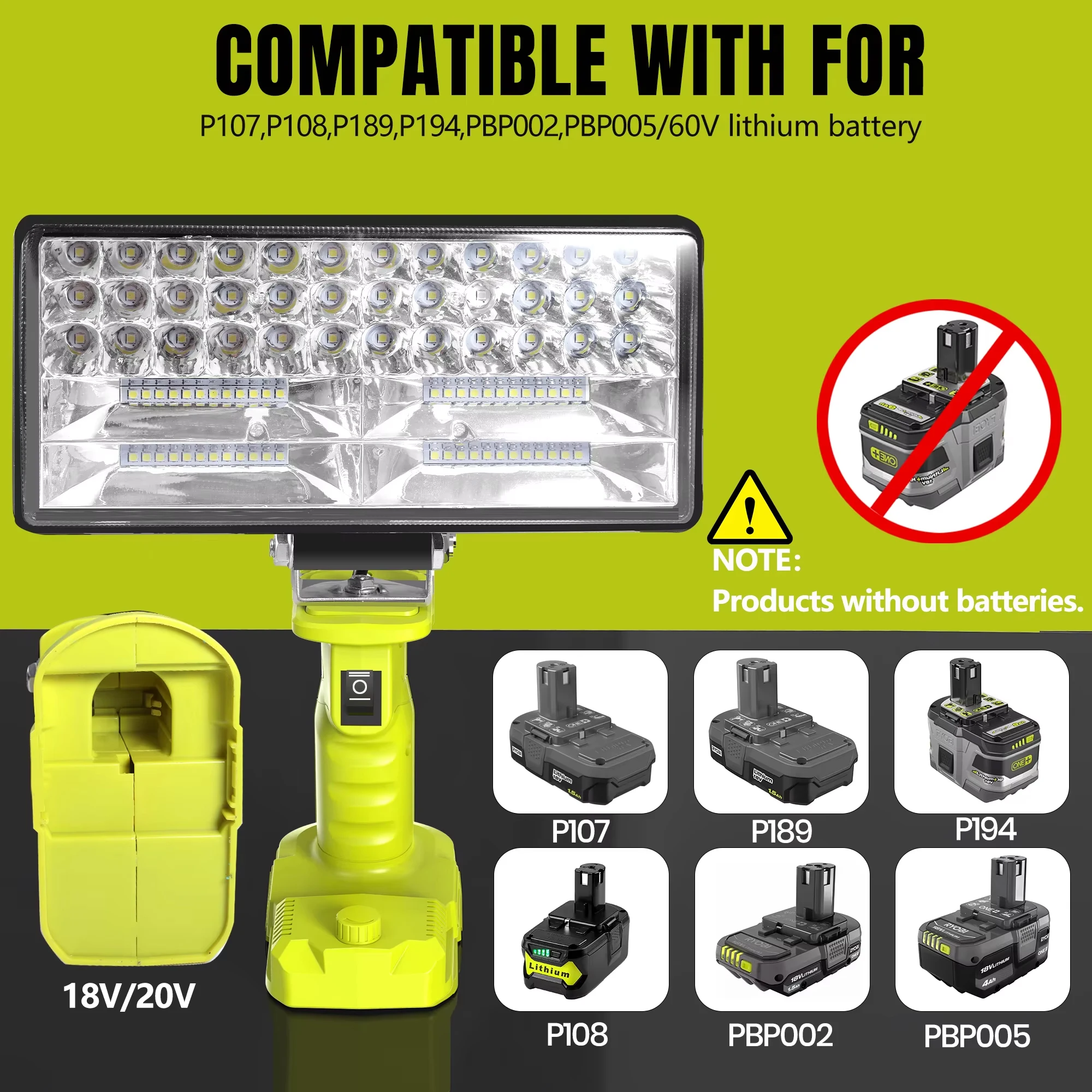 야외 비상용 LED 작업등 4000LM 35W 손전등 (Ryobi 18V 리튬 P108 P104 니켈 One+ 배터리 USB 타입-C 보조배터리 호환)