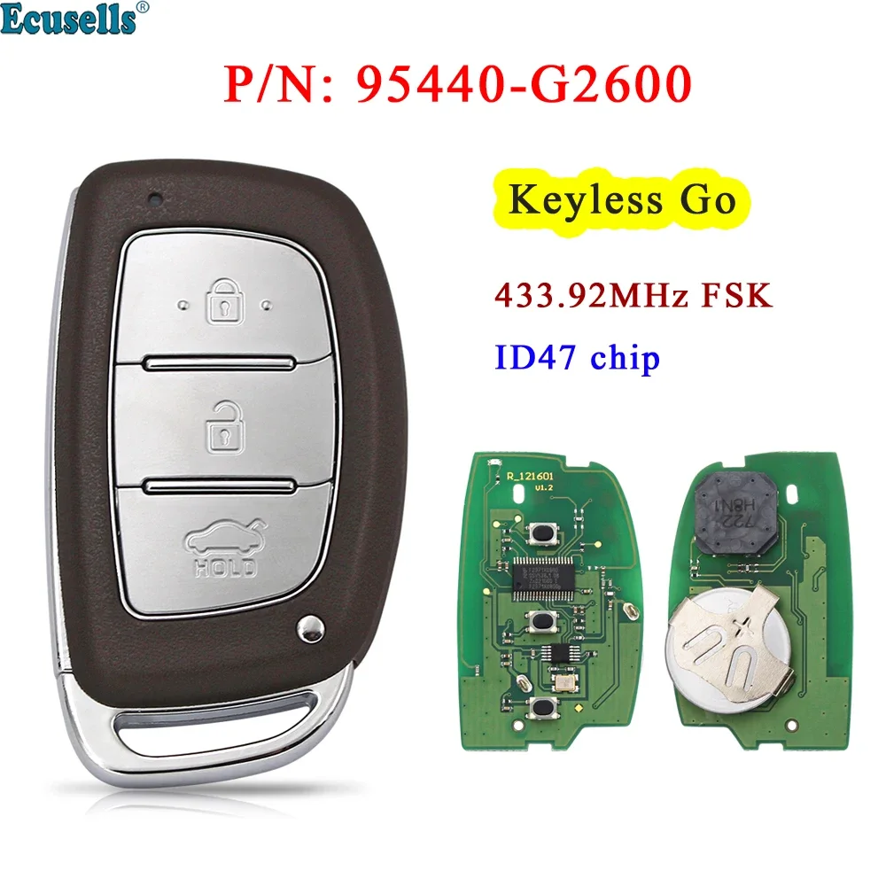 Ecusells 3 Button FSK 433.92MHz Keyless-Go Remote Key Fob with 47 Chip for Hyundai IONIQ 2019 PN: 95440-G2600 with Uncut Blade