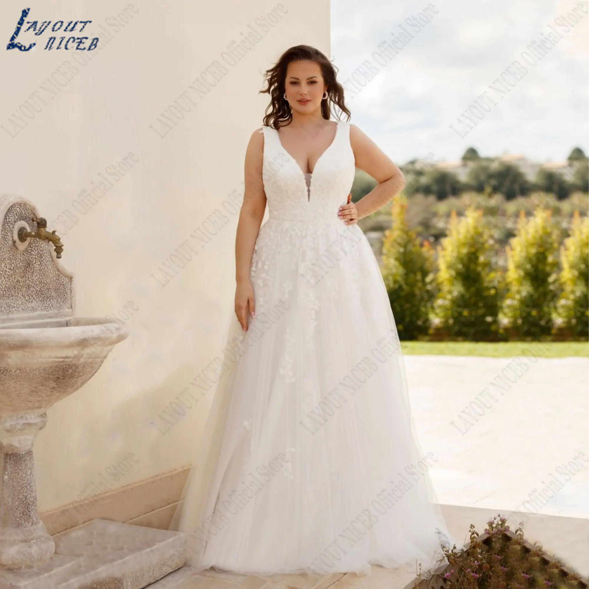 LAYOUT NICEB Appliques scollo a v abiti da sposa senza maniche Plus Size a-line abito da sposa bottoni in Tulle senza schienale robes de mariée 2024LAYOUT NICEB Appliques V-Neck senza maniche Abiti da sposa Plus Size A