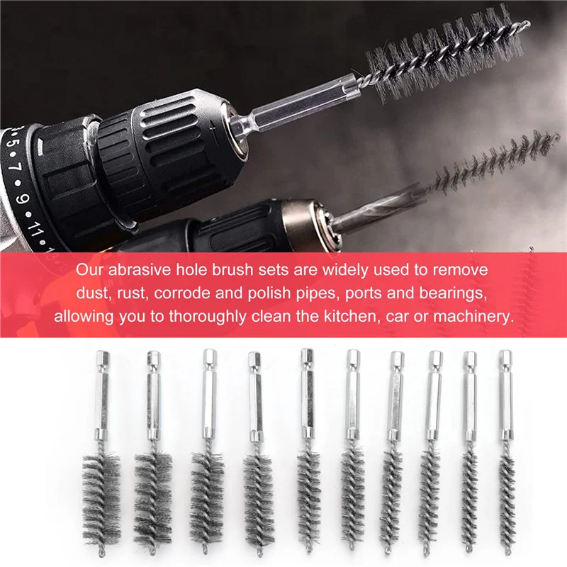 A45M-Bore ชุดแปรง-1/4 นิ้ว Hex Shank Twisted Wire Bore แปรงที่แตกต่างกันขนแปรงความยาวสําหรับหลอดพอร์ตแบริ่งทําความสะอาด