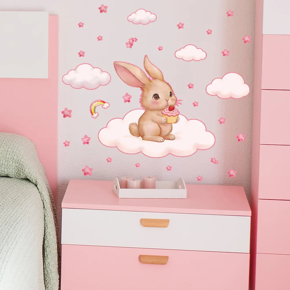 The Small Rabbit and Cake-themed Wall Decoration Stickers in The Cartoon Glow-in-the-dark Starry Night Scene Can Be Removed.