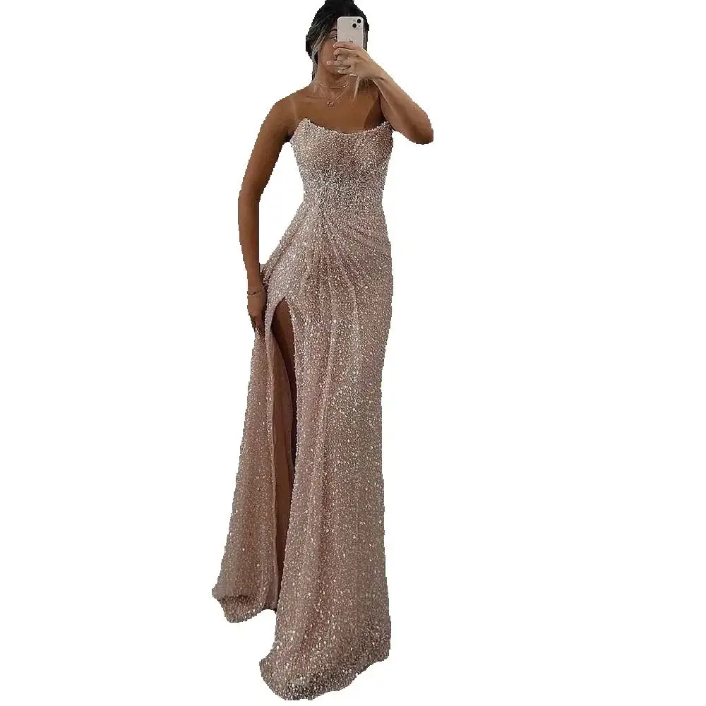 Chic Pink Spaghetti Strap Evening Dresses High Side Split Floor Length Gowns Special Occasion Event Prom Dress Vestidos
