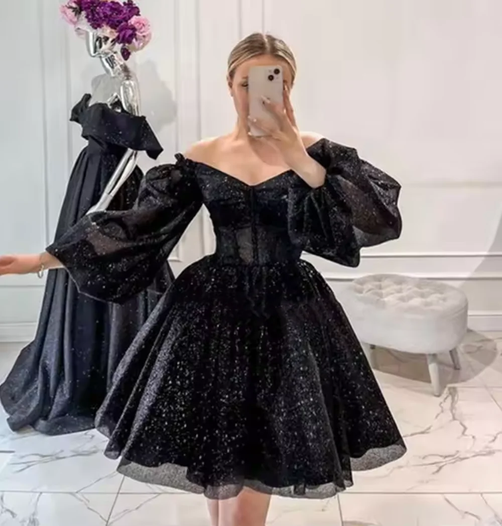 ブラックショートイブニングドレス 2022 フォーマルチュールプロムパーティードレス ストラップレス パフスリーブ Aライン ビーチプリンセスドレス