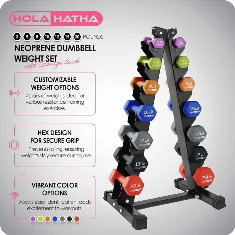 HolaHatha 2, 3, 5, 8, and 10 Pound Neoprene Dumbbell Free Hand Weight Set with Rack, Ideal for Home Exercises to Gain Tone D