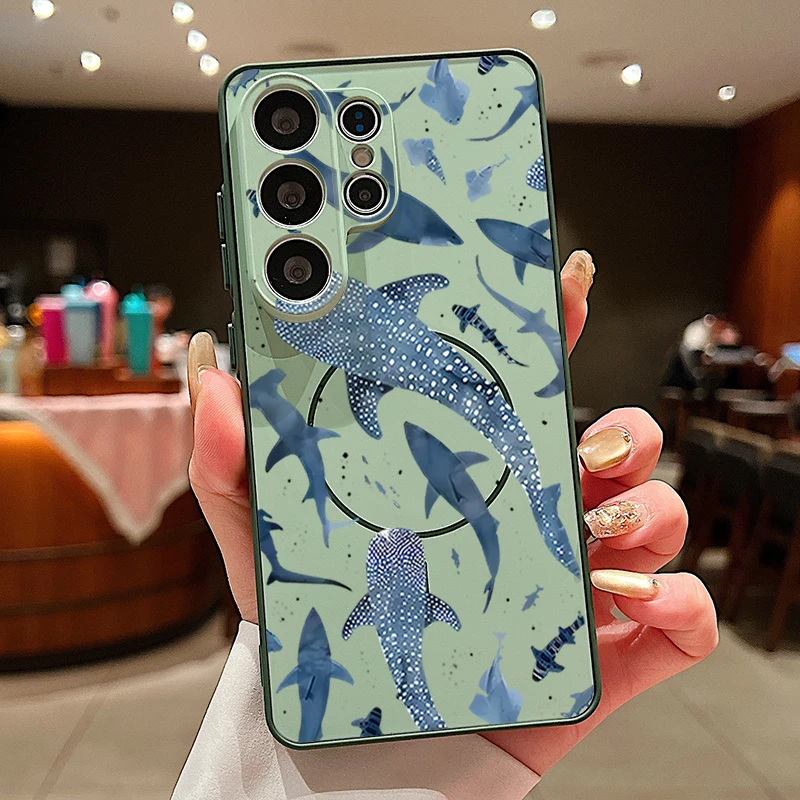 Little Whale Pattern Magnetic Case For Samsung Galaxy S26 S25 Ultra Edge S24 S23 FE A17 A56 A37 A16 A55 A36 A55 Hard Phone Cover