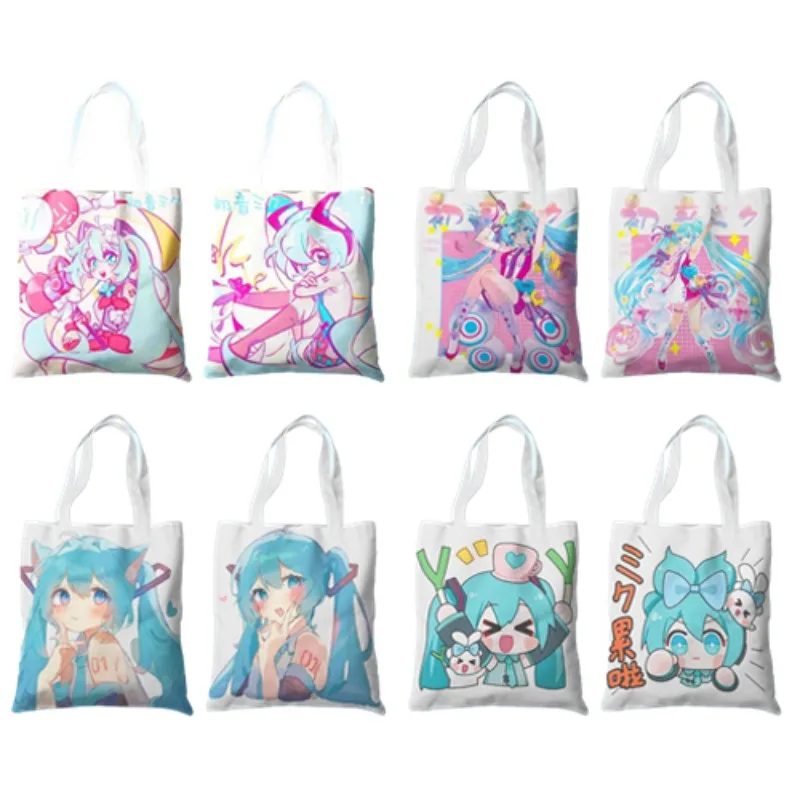 Hatsune miku dos desenhos animados lona bolsa de ombro dupla face impressão bolsa armazenamento livro artigos diversos portátil estudante meninas presente aniversário