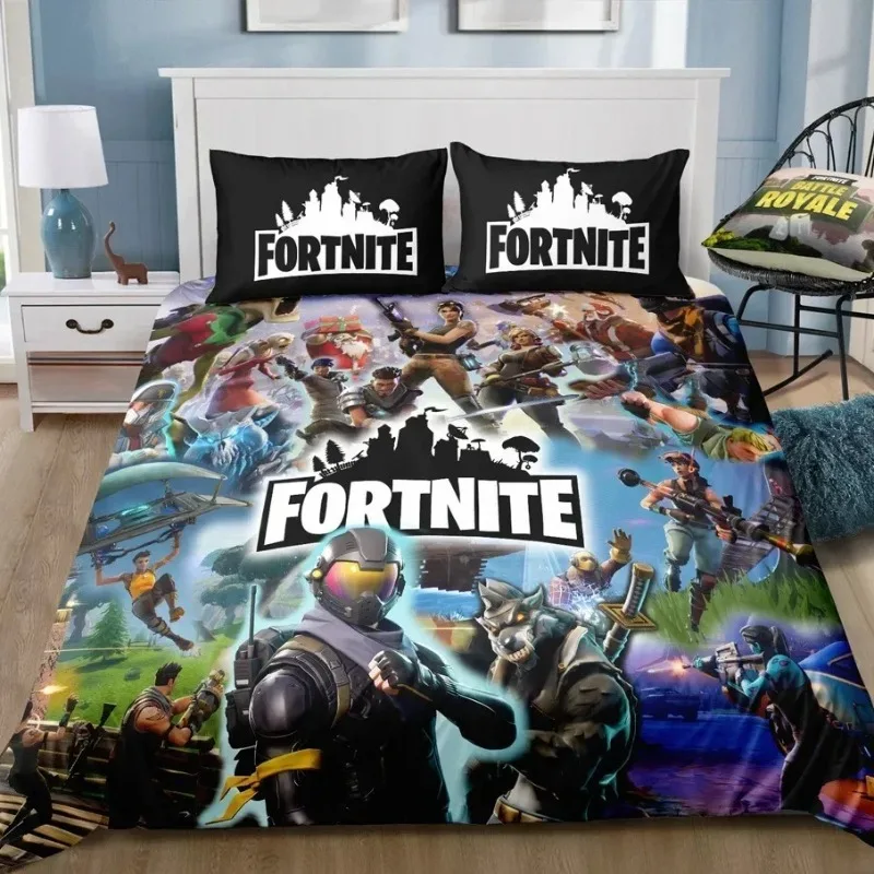 Set sprei tiga potong motif kartun Fortnite yang tampan, merchandise game, hadiah kecil