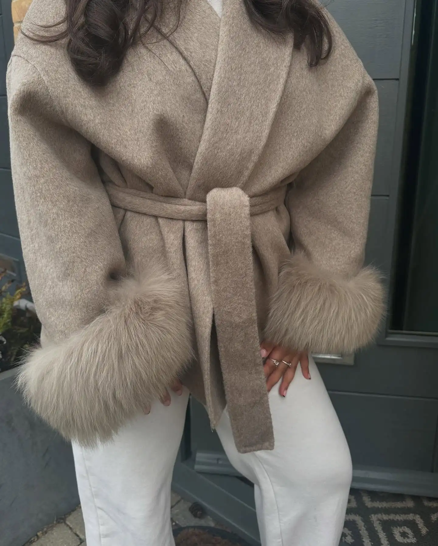 Elegant Lace Up Woolen Short Coat Women Solid Loose Lapel Furry Belt Long Sleeve Cardigan 2025 Autumn Winter Lady Chic Jacket