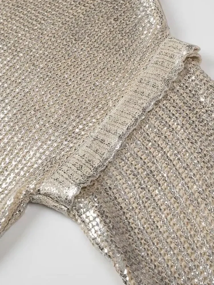 2024 Autumn Gold Foil Sweater Women Metallic Knitted Sweaters for Women Luxury Pullovers Long Sleeve Sweater Woman Jerseys