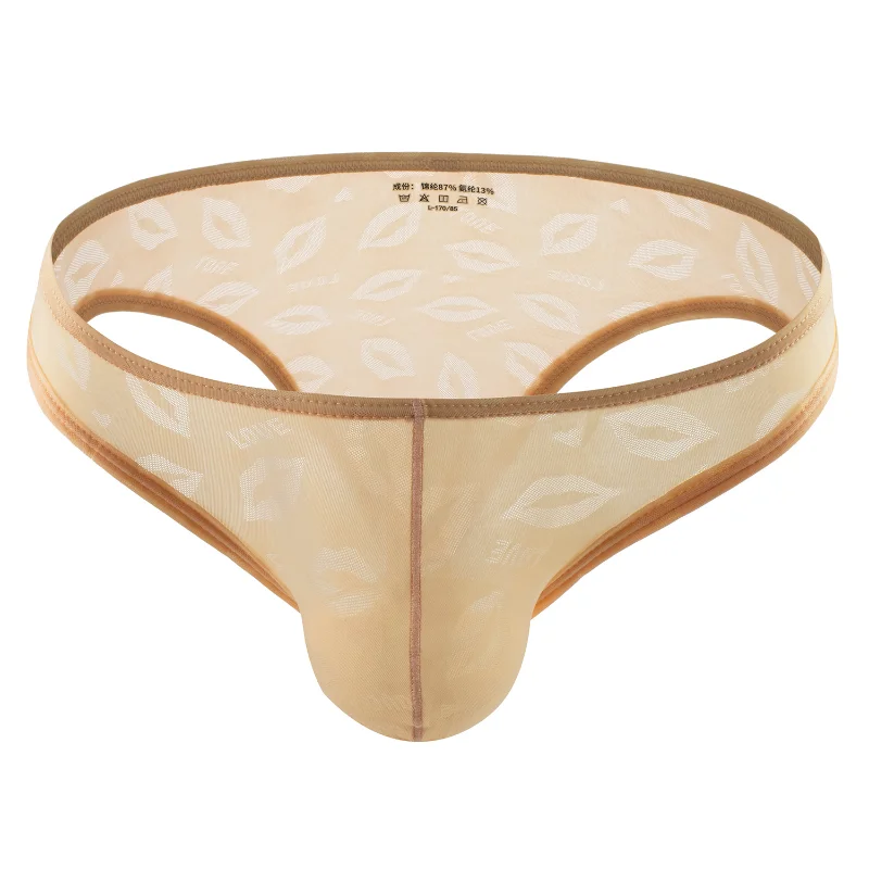 Men Underwear Sexy Lip Jacquard Bikini Panties Ice Silk Thong Enhance T-Back See Through LingerieUnderpants Sissy Pouch Briefs