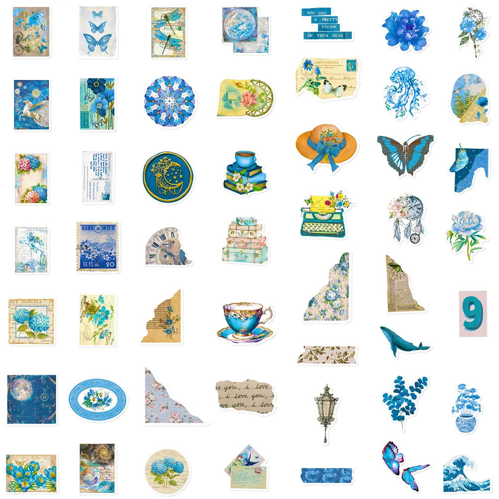 10/25/50 Stuks Retro Blauwe Esthetische Kunst Stickers Voor Diy Scrapbooking Reisbagage Waterfles Telefoon Laptop gitaar Decals