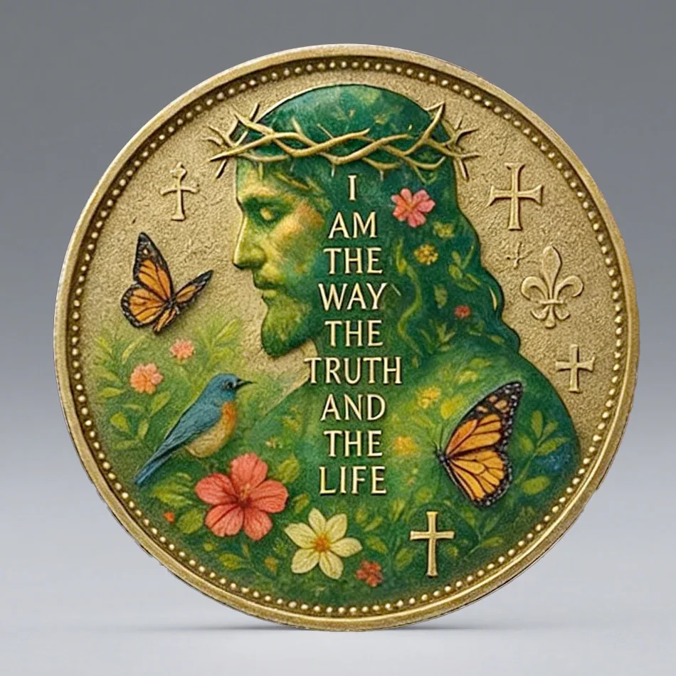 Pièce commémorative religieuse chrétienne 2D Jésus-Christ Je suis le Chemin, la Vérité et la Vie 1:17 Verset biblique Pièce de poche porte-bonheur Cadeau