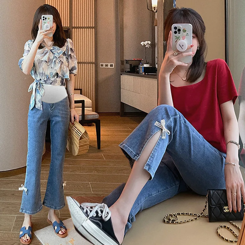 

Wide Leg Side Split Denim Maternity Full Long Jeans Bowknot Cotton Belly Loose Pants Clothes Pregnant Women Pregnancy Trousers