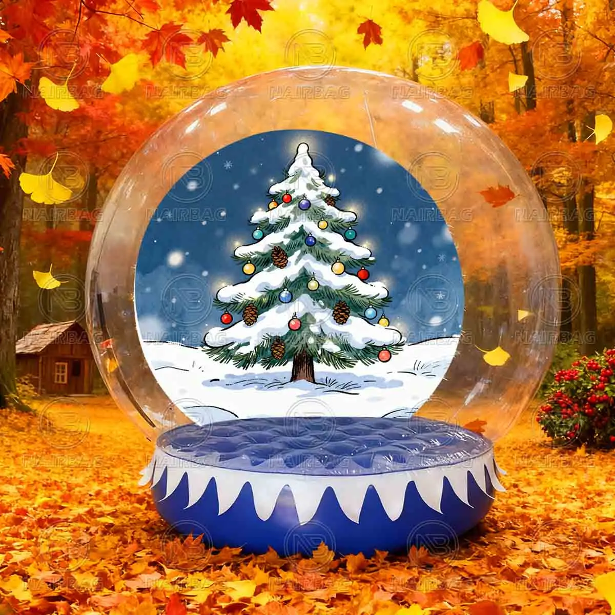 عيد الميلاد سنو غلوب مع الترامبولين نفخ كابينة تصوير خلفية فقاعة خيمة منزل الهواء قبة سنو غلوب مع الحارس