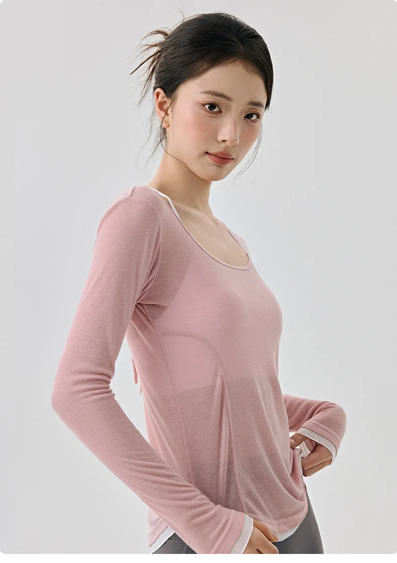 Leichte, leicht transparente Yoga-Tops für Damen, Herbst, locker geschnitten, Fitness-Gym, langärmeliges Sport-Top, großer U-Ausschnitt, Lauf-Workout-Anzug – Detail 3