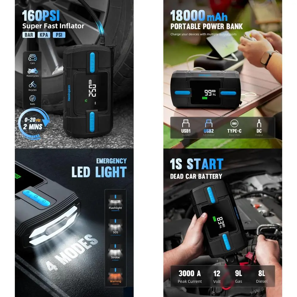 

Jump Starter с воздушным компрессором, 3000A 160PSI Автомобильный аккумуляторный стартер для дизельных двигателей 9,0 л и 8,0 л, портативный автомобильный Jum 12 В