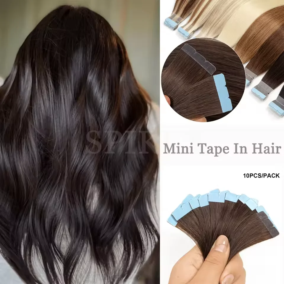SPIKFN شريط صغير في وصلات الشعر البشري مستقيم 12-24 بوصة مايكرو الشريط الشعر 10 قطعة/الحزمة خصلات شعر لاصقة سلس