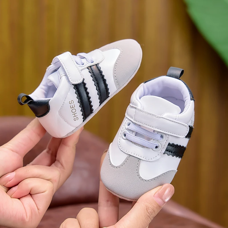 Frühlings- und Herbst-Babyschuhe, farblich abgesetzte, gestreifte Babyschuhe mit Klettverschluss, Lauflernschuhe mit weicher Sohle für Neugeborene, 0–12 Monate, Schuhe für Jungen und Mädchen – Detail 3