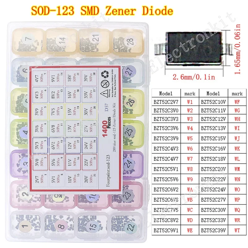 1400pcs 28Value SOD-123 SMD Zener Diode kit 2.7V 3.3V 3.9V 4.3V 4.7V 5.1V.5V 8.2V 9.1V 10V 12V 13V 15V 18V 22V 24V 30V 33V 39V