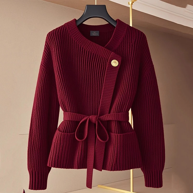 

Red Cardigan Sweater Coat Women's 2025 Winter Light Luxury All-match Fashion Knitwear Coat Female Long-Sleeved Elegant Top 3397