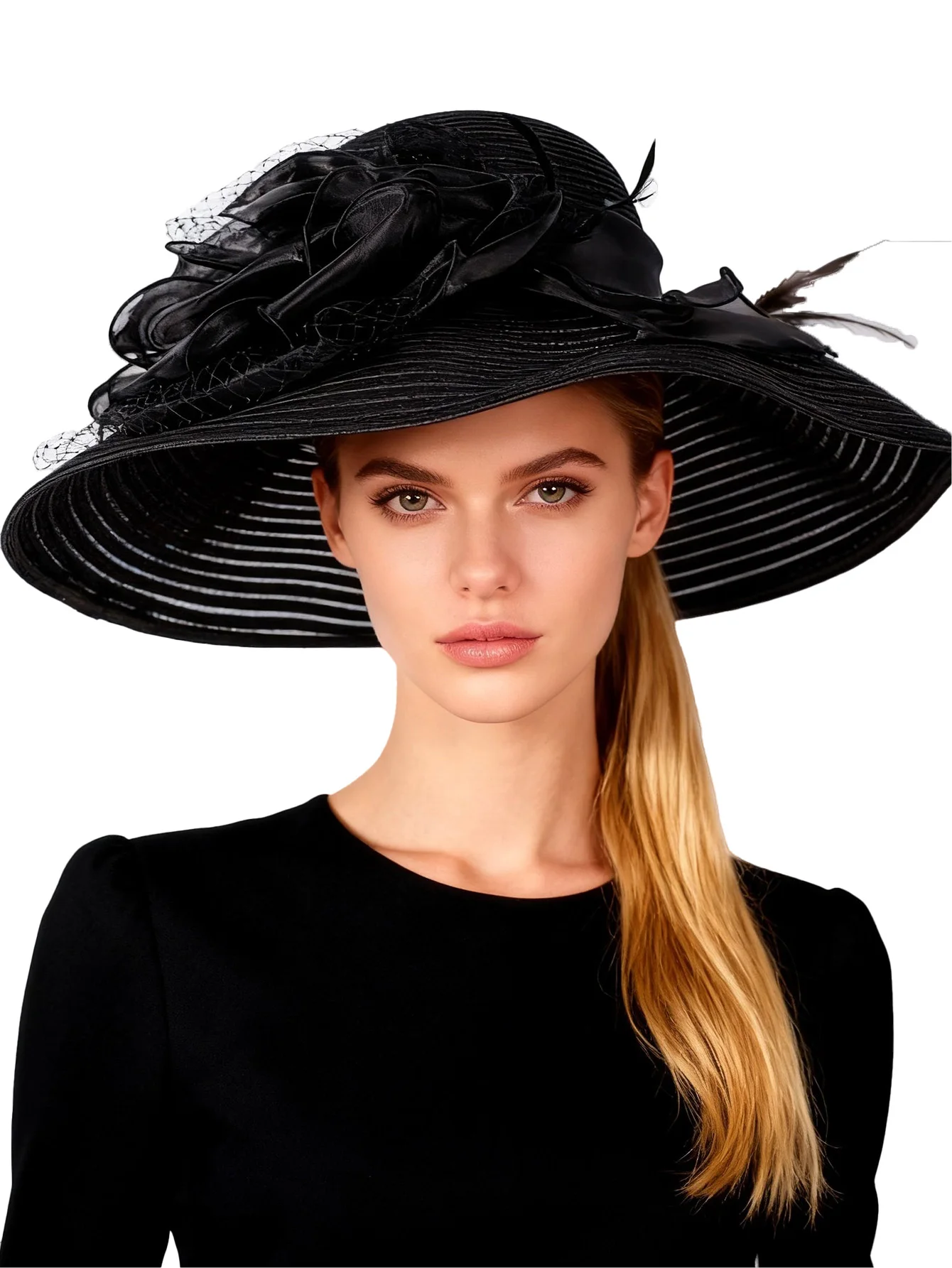 FS Black White Elegant Church Wedding Straw Hats For Women Ladies Flowers Large Brim Fedora Hat Sun Kentucky Party Derby Hat