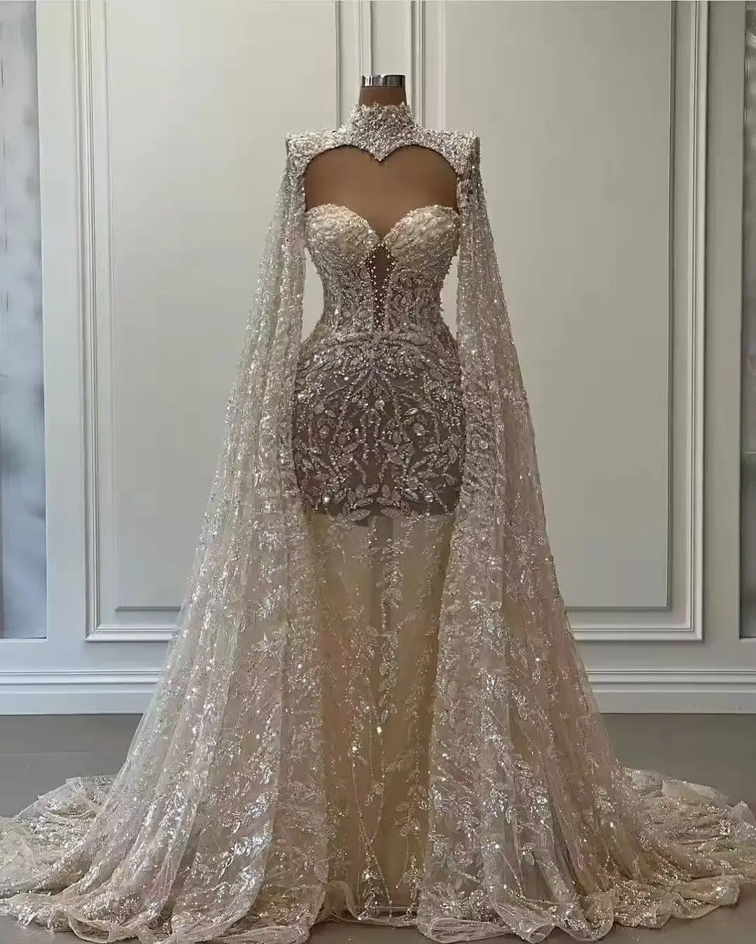 فساتين زفاف حورية البحر شال مبهر مخصصة فاخرة بلون الشمبانيا ورقبة عالية مزينة بالدانتيل مطرز مناسبة رسمية #1