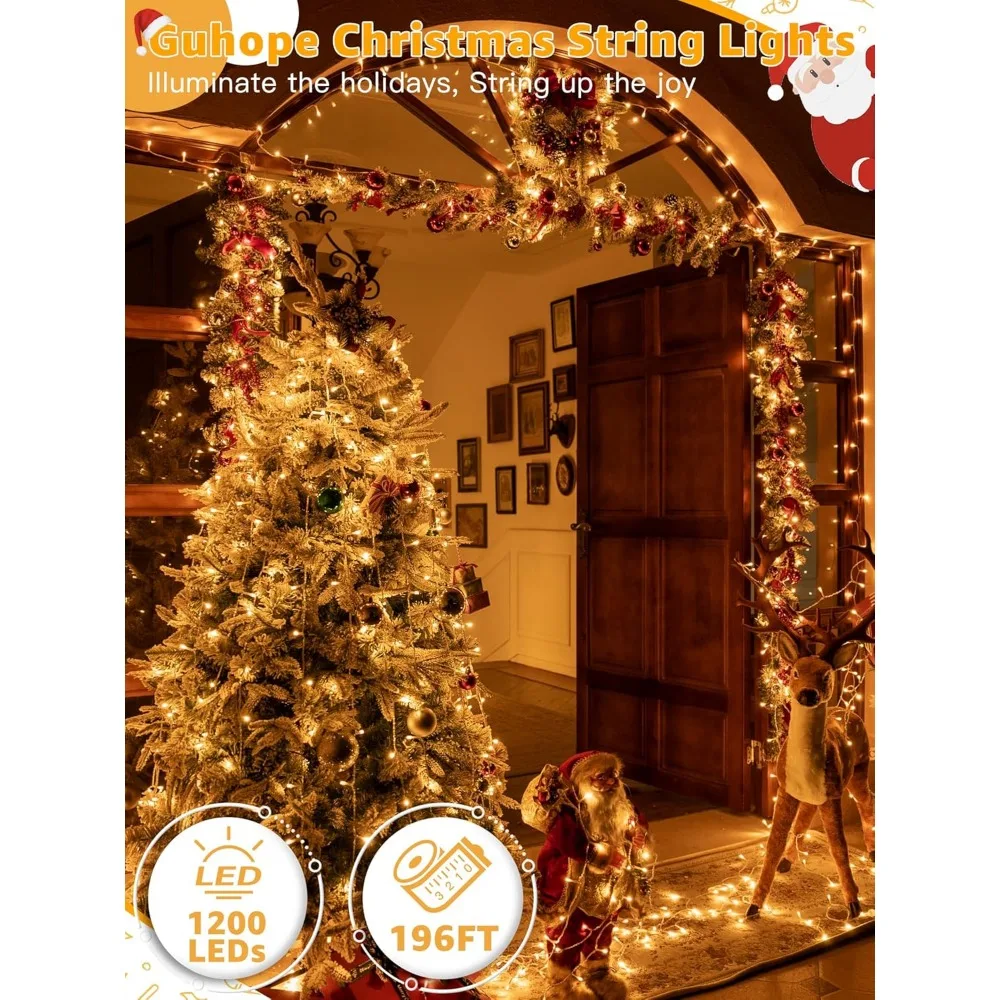 Рождественские гирлянды 1200 светодиодов, 196 футов, 8 режимов, гирлянды с регулируемой яркостью, пульт дистанционного управления и таймером, водонепроницаемые для праздничных украшений