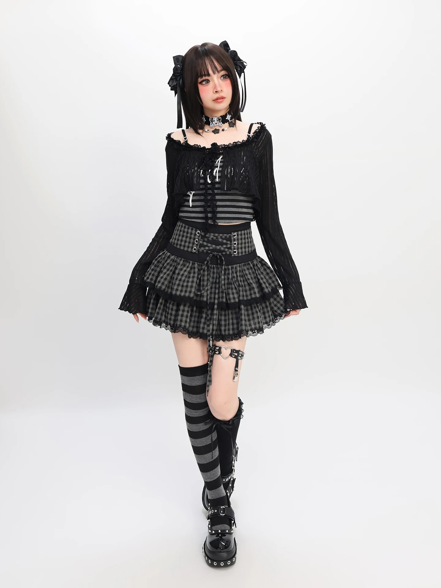 Mode Süße Kühle Subkultur Mädchen Y2k Top Lange ärmeln Shirts Hohe Taille Spitze-up Bogen Vielseitig Plaid Mini röcke Frauen Sommer