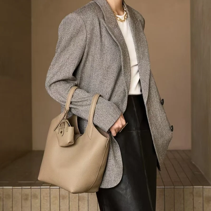 

High-End Versatile Top-Grain Cowhide Hand-Held Basket Bag Single-Shoulder Crossbody for Women New Style Temperament