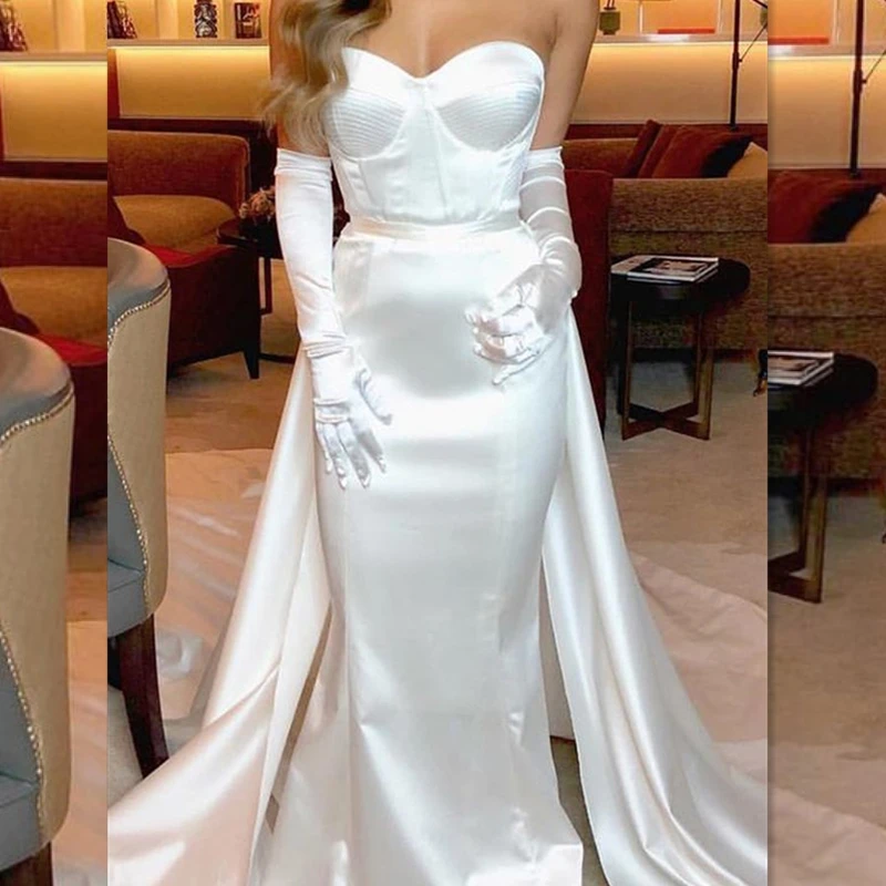 Simple White Satin Mermaid Wedding Dress Sweetheart Neck Sleevless Long Bridal Gown With Detachable Train Customized