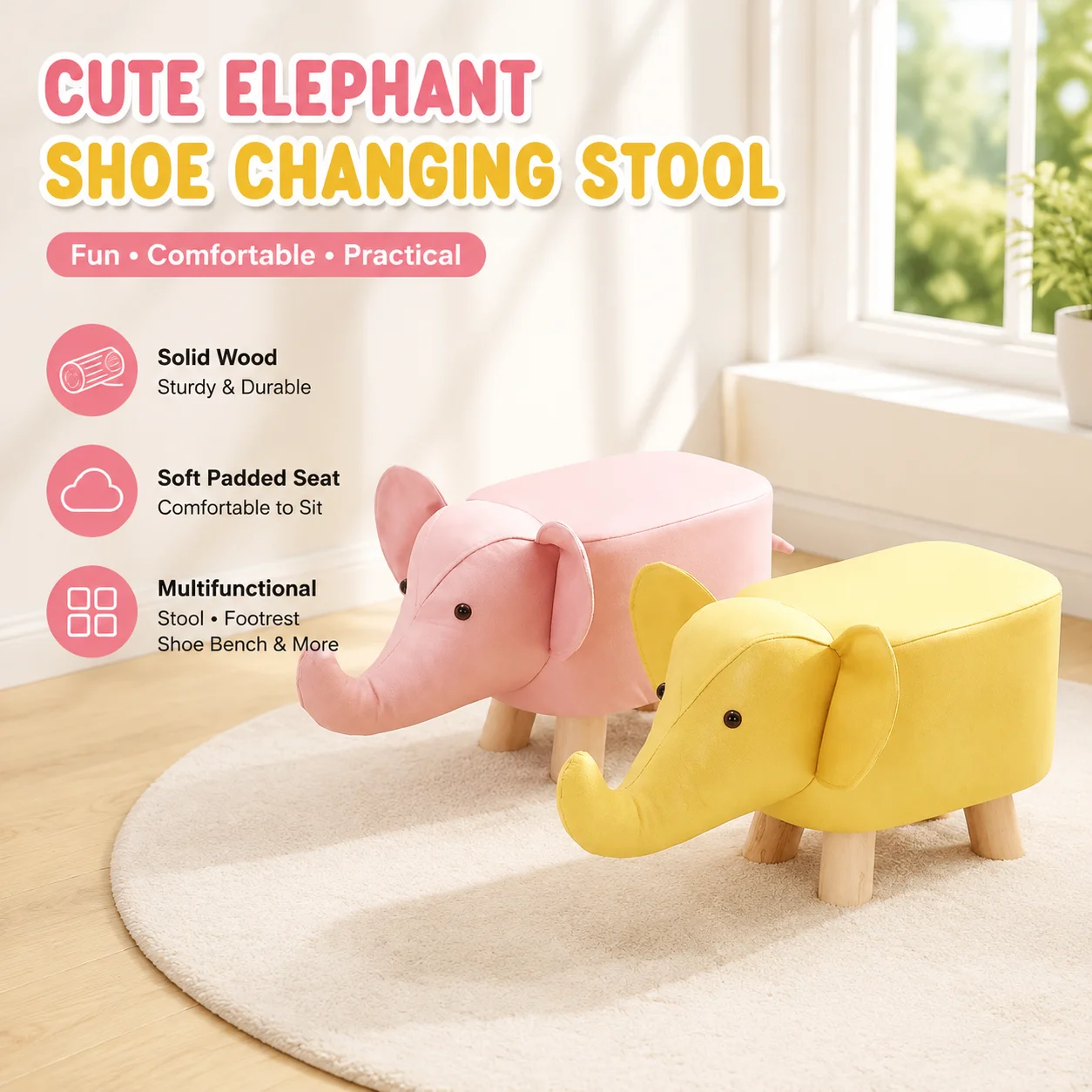 Cartoon Elephant Shoe Changing Stool for Kids, Solid Wood Frame Soft Fabric Seat Multifunctional Animal Stool