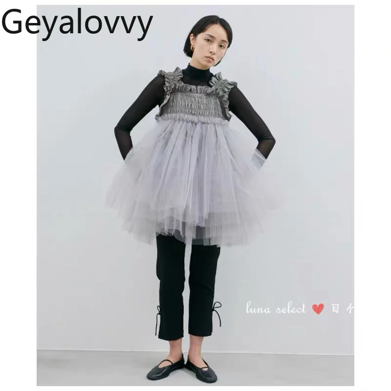 Estilo japonês nicho design senhora vestido elegante com bordas babados casual em camadas plissados pesados vestidos sem mangas femininos