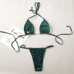 New Summer Two-Piece Set with Green Leopard Print Sequin Bikini Set Sexy Low Cut and Neck Strap Leopard Print Swimsuit
