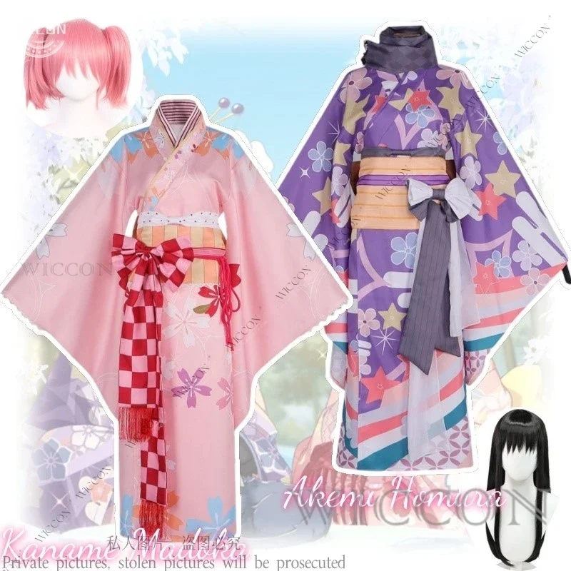 Kaname Madoka Akemi Homura Anime Puella Magi Madoka Magica Cosplay Costume Wig Kimono Cute Woman Pink Printed Woman Adult