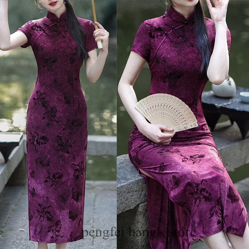 กํามะหยี่ผู้หญิงElegant Qipaoฤดูใบไม้ร่วงใหม่Cheongsam Jacquardสไตล์จีนVINTAGE Mandarin COLLAR Qipaoเซ็กซี่Vestidos