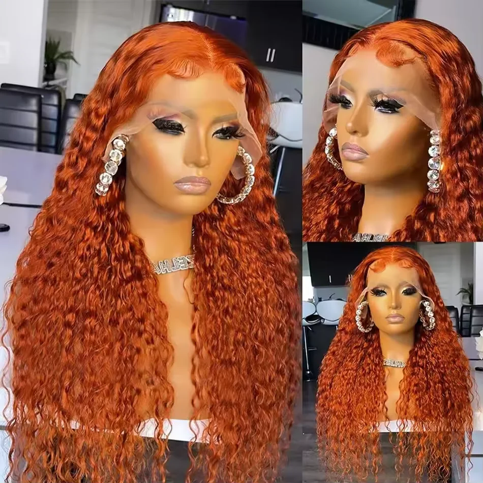 13x5 220 Density Transparent HD Lace Front Wig for Women Deep Wave Remy Human Hair Ginger Orange 350# Loose Curly Pre Plucked
