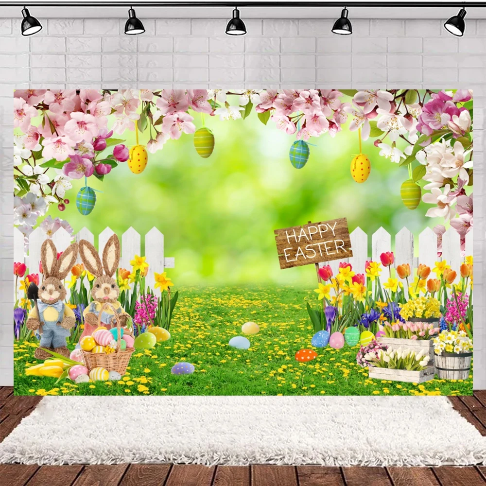 Spring Easter Garden Photography Backdrop Green Grass Lawn Pink Floral Fence Background Baby Children Birthday Party Decorations