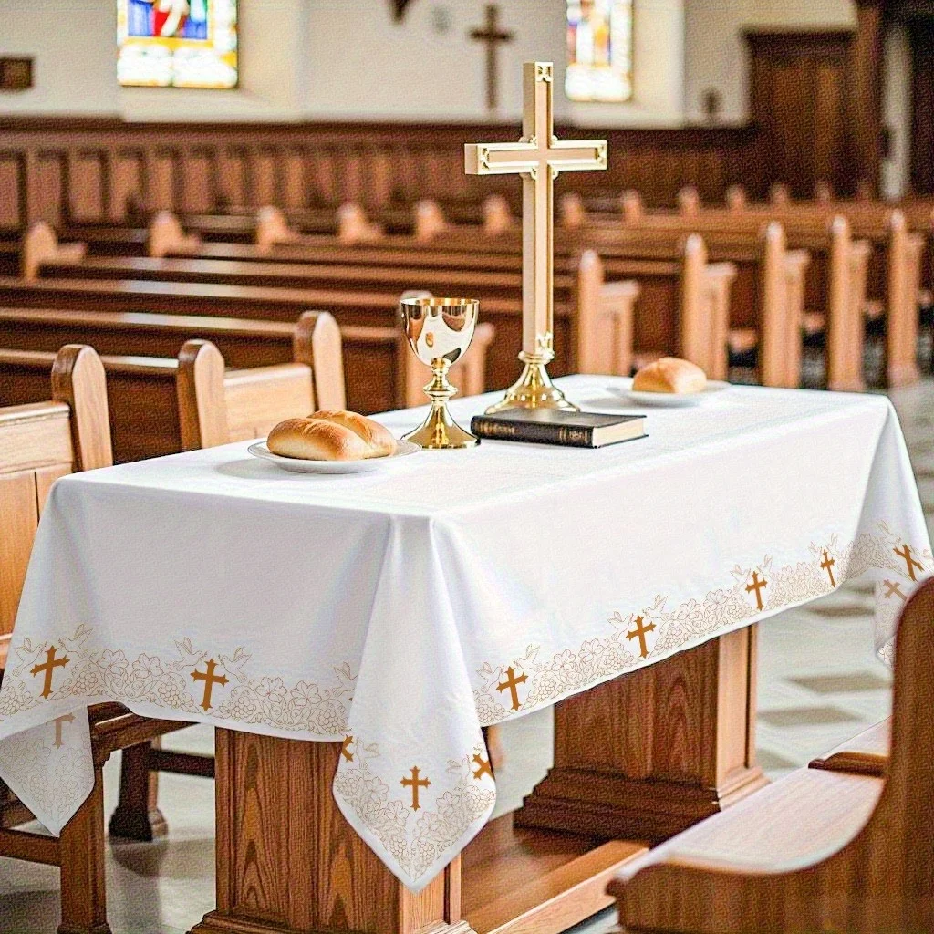 Elegant white rectangular polyester tablecloth with a golden cross pattern and grapevine print