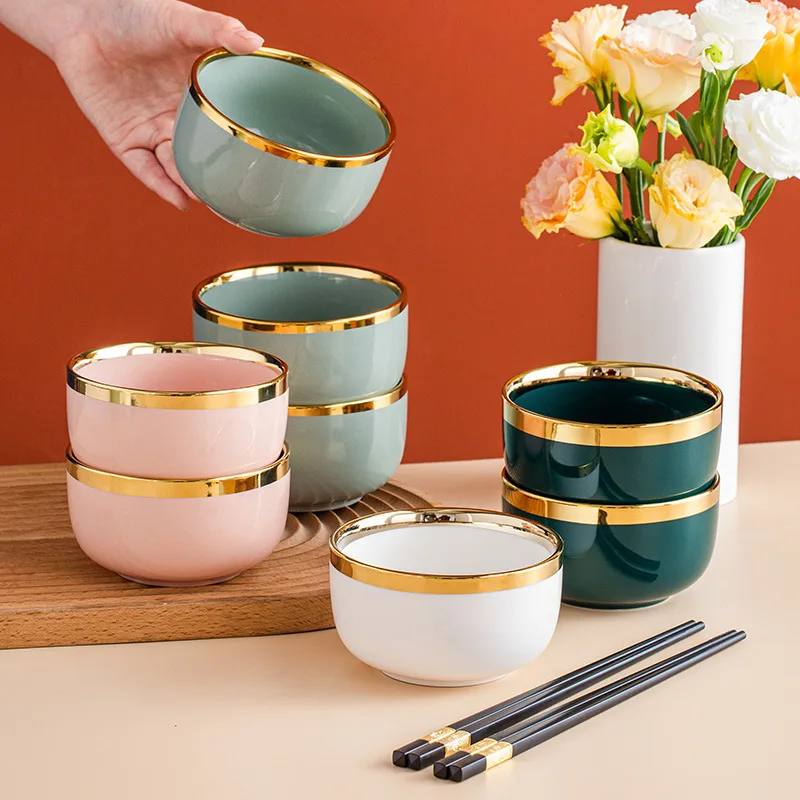 

1-2pcs 380ml Household Soup Bowl Ceramic Rice Salad Bowls Nordic Light Luxury Tableware Gold Edge Solid Bowl Kitchen Accessories