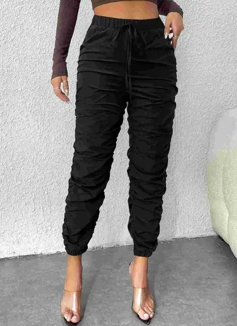 

Women's Pants 2026 New Spring Autumn Solid Clor High Waist Drawstring Ruched Casual Slim Fit Daily Cuffed Workwear Pants