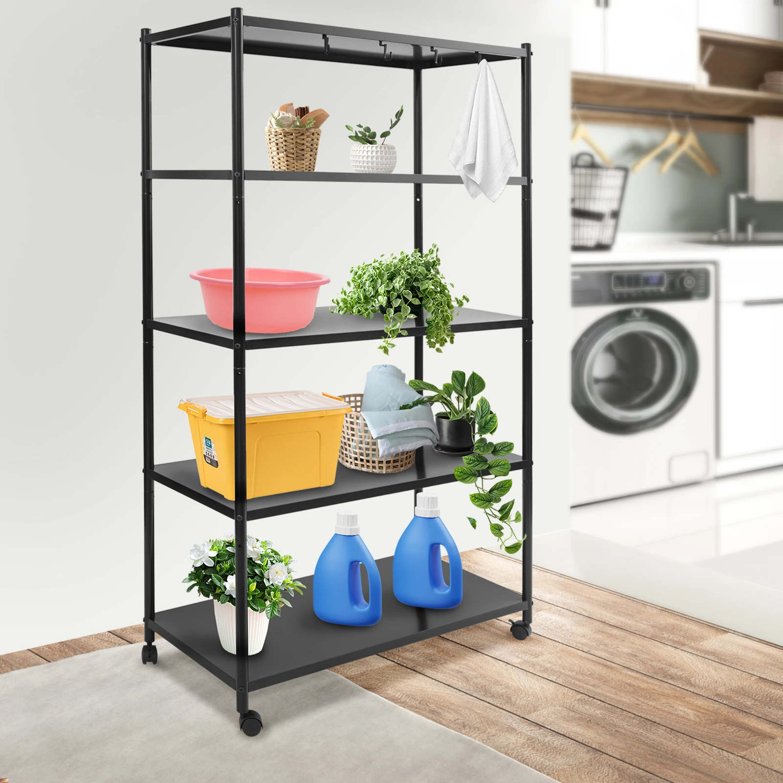 

5-tier Movable Carbon Steel Storage Rack， Adjustable Height Kitchen Storage Rack with Wheels,Excellent Load-bearing Capacity