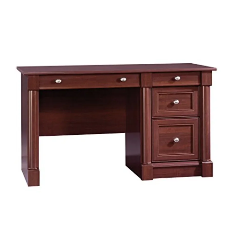 Home office computer desk with drawers, file cabinet storage, cable management, and keyboard tray in walnut finish