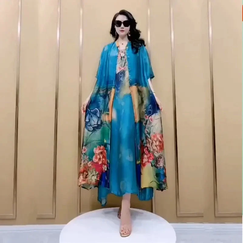 High Atmospheric Elegant Silk Dress Two-piece set 2024 Summer New Westernized Mulberry Silk Large Size Temperament Long Set Skir