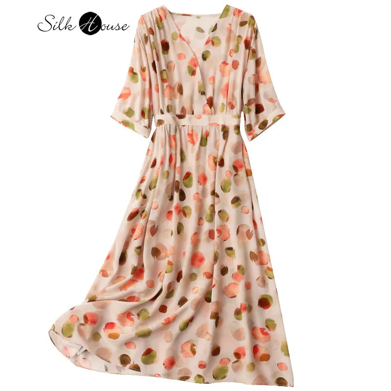 2023 New Watercolor Peach Print Loose V-neck Lantern Sleeves Mulberry Silk High Waist Mid Length Women's Fashion Dress