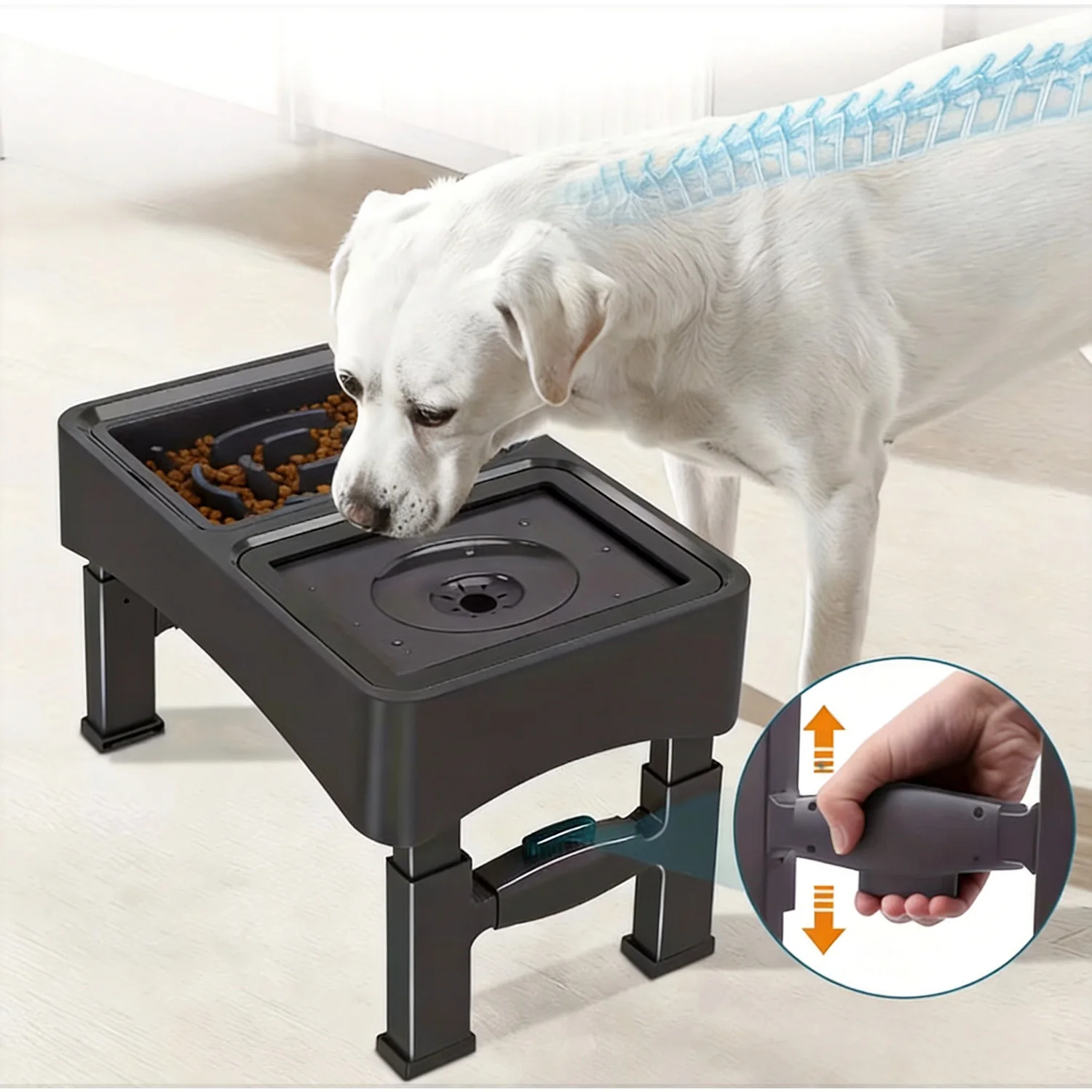 Ensemble de bols surélevés 2 en 1 pour chien avec support réglable en hauteur sur 4 niveaux, bol à eau anti-déversement, bol à alimentation lente, design pliable, adapté aux chiens de petite et moyenne taille