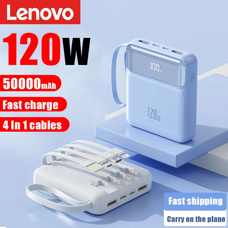 Lenovo 50000mAh Outdoor Portable Powerbank 120w Fast Charging Power Bank Battery Charger For iPhone Samsung Huawei 2024 New