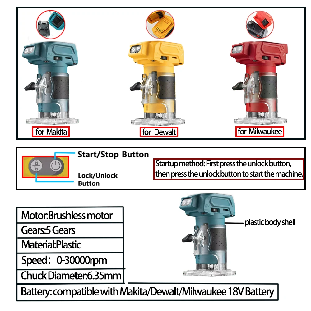 Brushless Trimmer for Woodworking 18V Compatible with Makita Dewalt MK Wood Router Milling Engraving Slotting Machine Tool