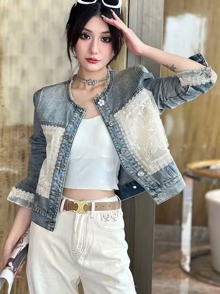 Lace Patchwork Denim Jacket, New Small And Short Top For Women\'s 2024 Spring Autumn Jackets Woman 2024 Women\'s Denim Jacket